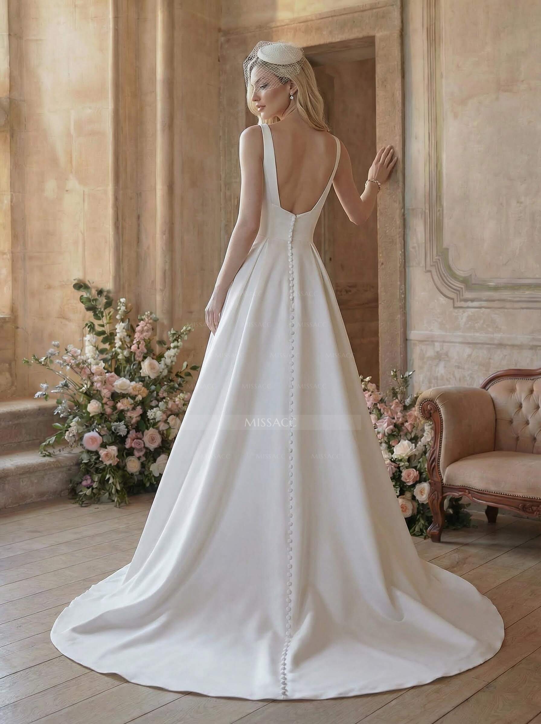 Simple Square Neckline Regular Straps Satin Court Train Wedding Dress