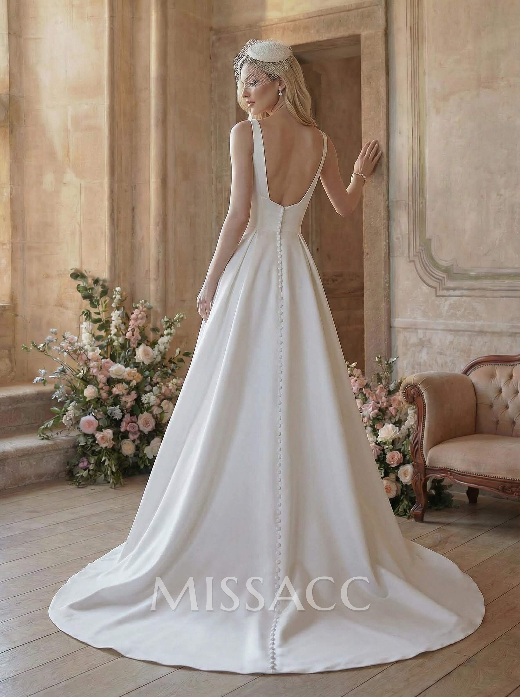 Simple Square Neckline Regular Straps Satin Court Train Wedding Dress Simple Square Neckline Regular Straps Satin Court Train Wedding Dress