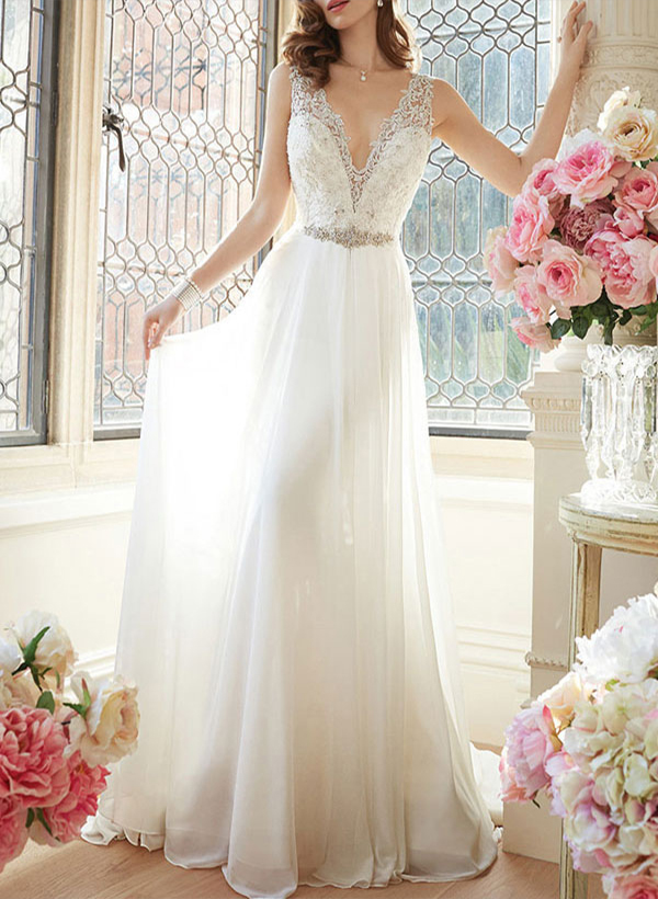Gorgeous Wedding Dresses Lace With Train V Neck Long Sleeves Backless Lace A-Line Bridal Gown main image 1