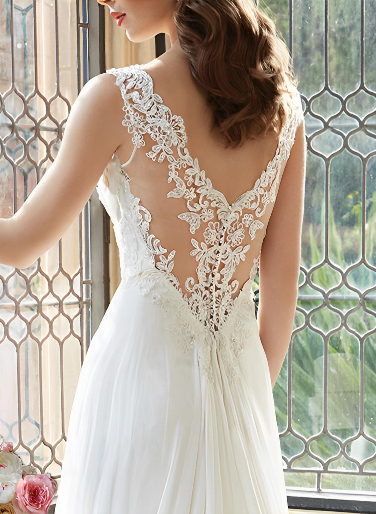 A-Line V-Neck Sleeveless Lace Court Train Wedding Dress With Lace