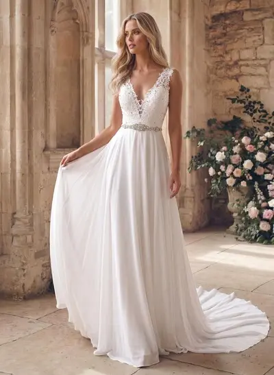 A-Line V-Neck Sleeveless Lace Court Train Wedding Dress With Lace