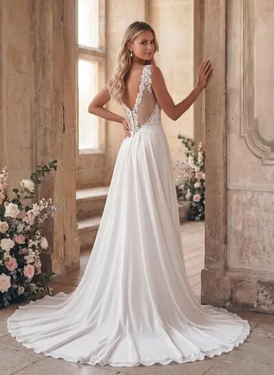A-Line V-Neck Sleeveless Lace Court Train Wedding Dress With Lace