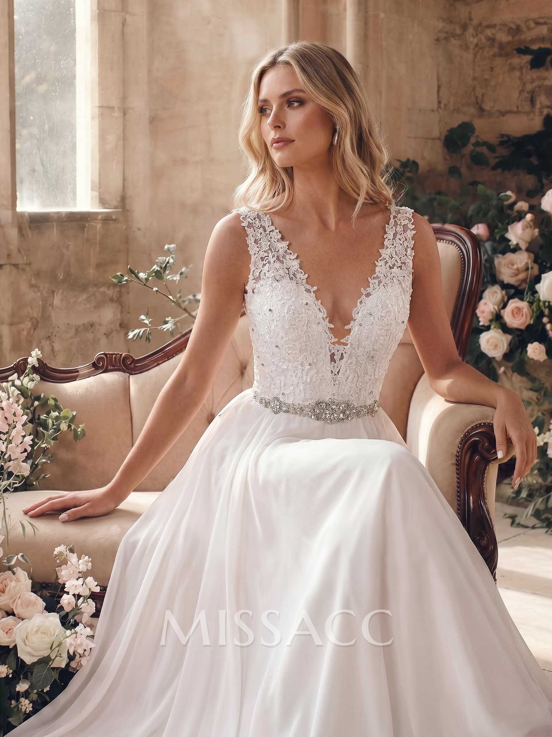 A-Line V-Neck Sleeveless Lace Wedding Dress With Court Train