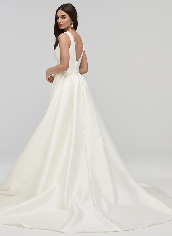A-Line V-Neck Sleeveless Satin Chapel Train Wedding Dress With Pockets
