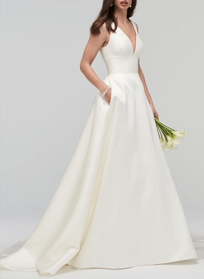 A-Line V-Neck Sleeveless Satin Chapel Train Wedding Dress With Pockets