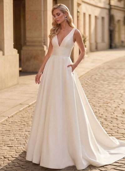 A-Line V-Neck Sleeveless Satin Chapel Train Wedding Dress With Pockets