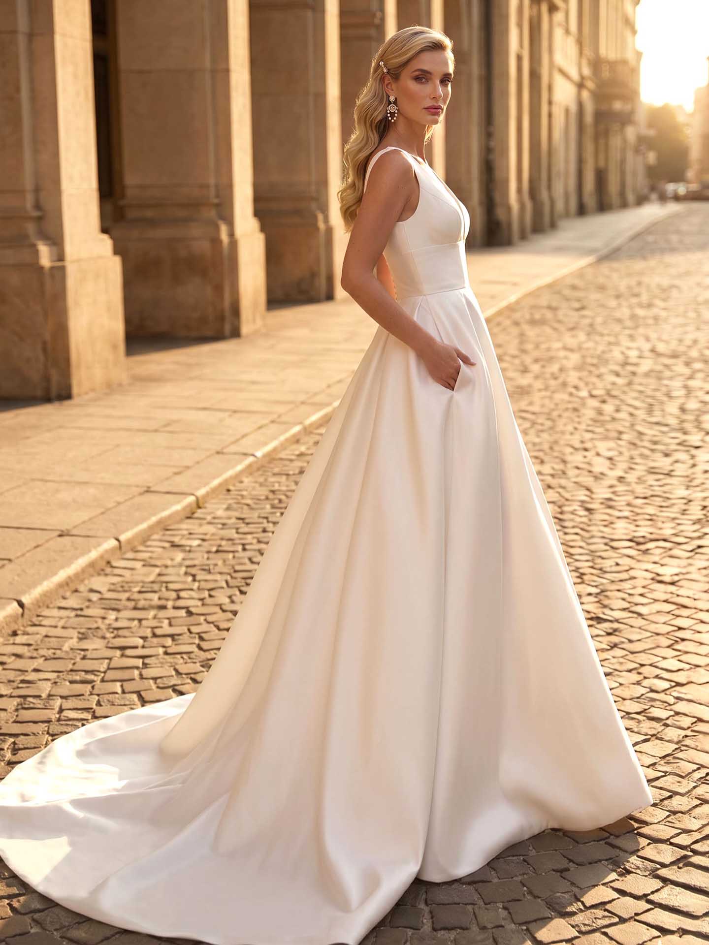 A-Line V-Neck Sleeveless Satin Chapel Train Wedding Dress With Pockets