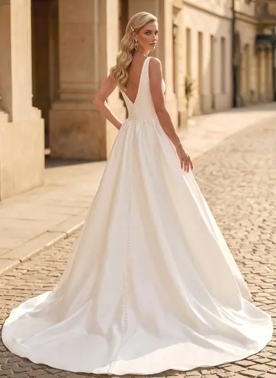 A-Line V-Neck Sleeveless Satin Chapel Train Wedding Dress With Pockets