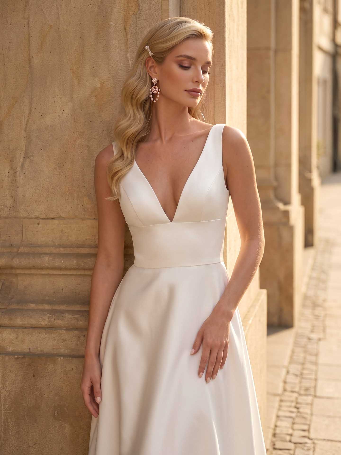 A-Line V-Neck Sleeveless Satin Chapel Train Wedding Dress With Pockets