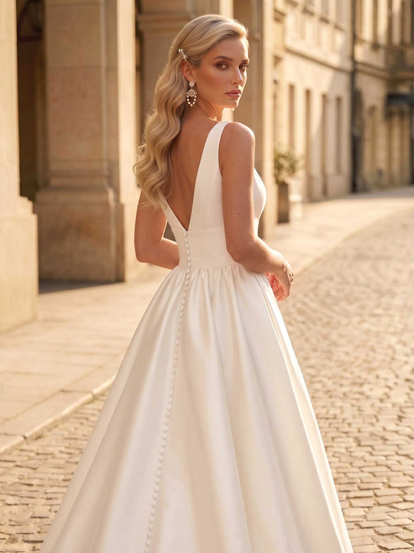 A-Line V-Neck Sleeveless Satin Chapel Train Wedding Dress With Pockets