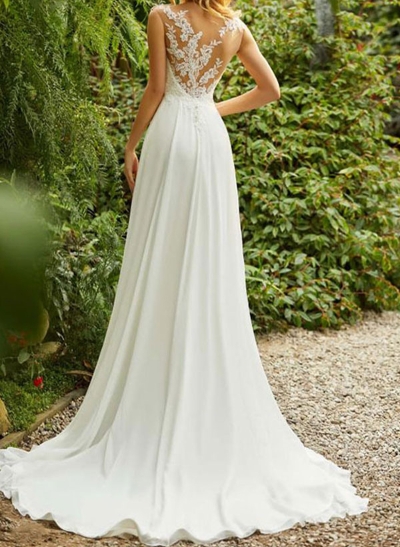 A-Line High Neck Sleeveless Chiffon Sweep Train Wedding Dress With Lace
