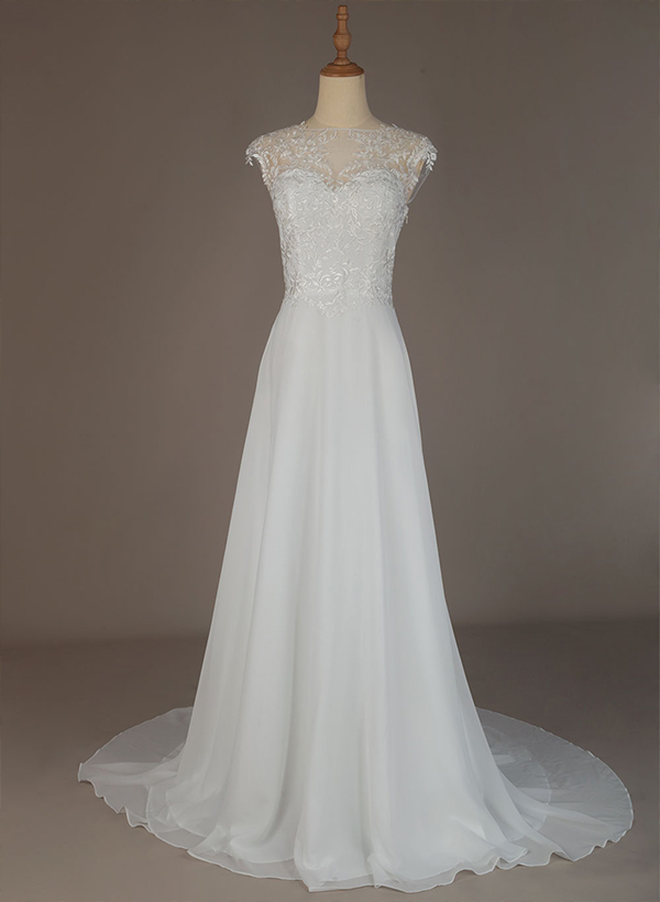 A-Line High Neck Sleeveless Chiffon Sweep Train Wedding Dress With Lace