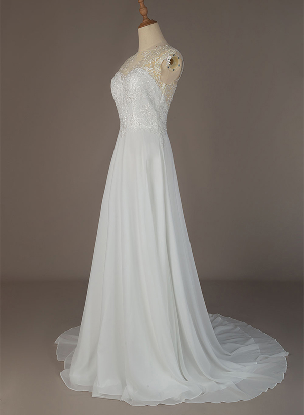 A-Line High Neck Sleeveless Chiffon Sweep Train Wedding Dress With Lace