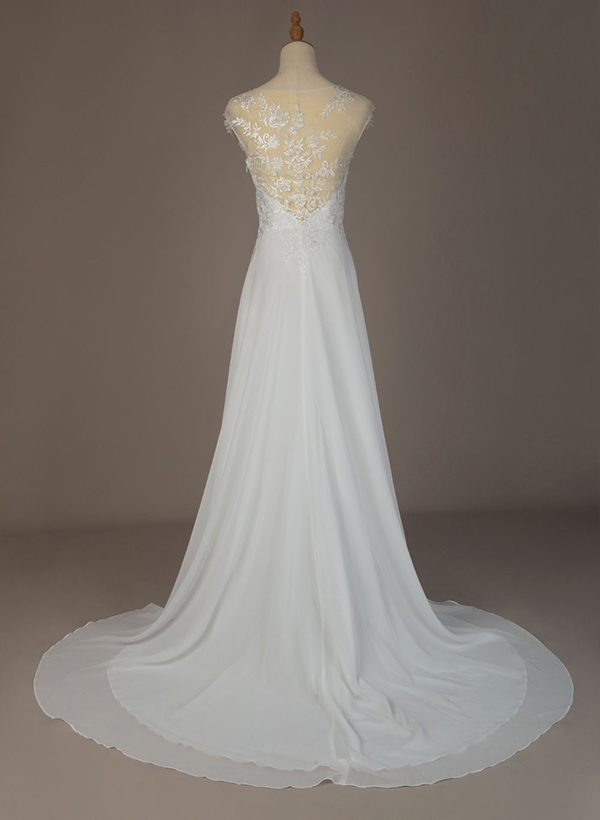A-Line High Neck Sleeveless Chiffon Sweep Train Wedding Dress With Lace