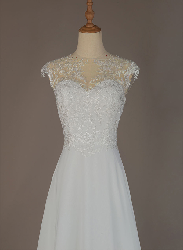 A-Line High Neck Sleeveless Chiffon Sweep Train Wedding Dress With Lace