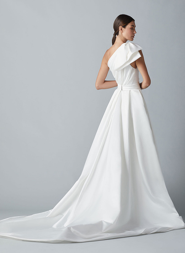 A-Line One-Shoulder Sleeveless Satin Chapel Train Wedding Dress