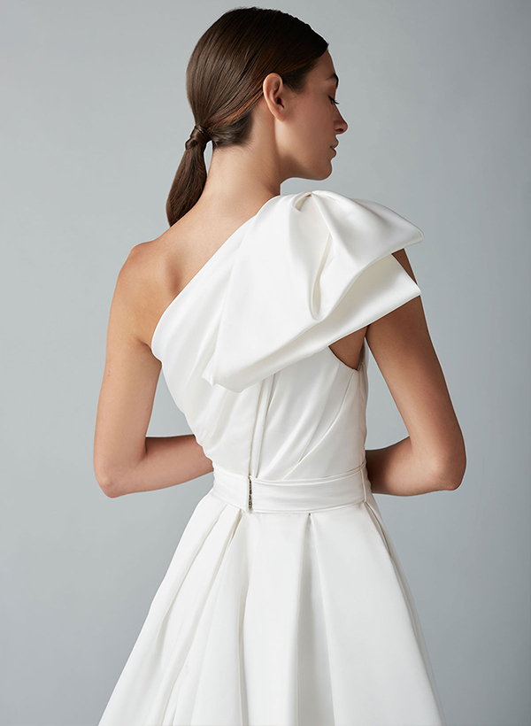 A-Line One-Shoulder Sleeveless Satin Chapel Train Wedding Dress
