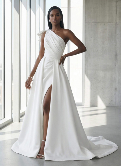 A-Line One-Shoulder Sleeveless Satin Cathedral Train Wedding Dress