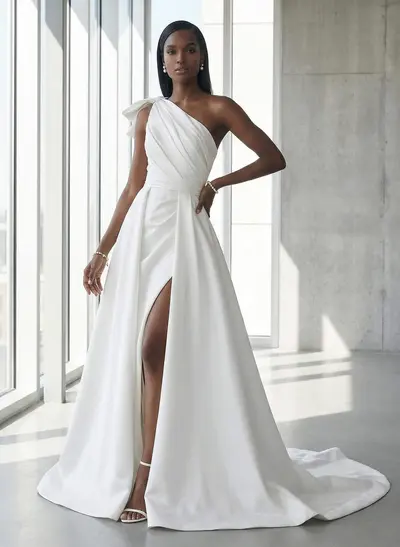 A-Line One-Shoulder Sleeveless Satin Cathedral Train Wedding Dress