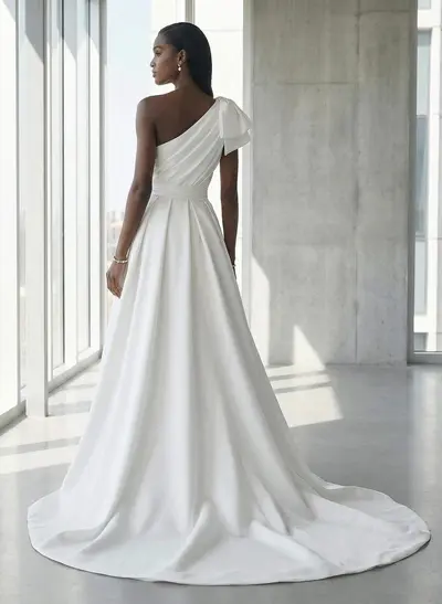 A-Line One-Shoulder Sleeveless Satin Cathedral Train Wedding Dress