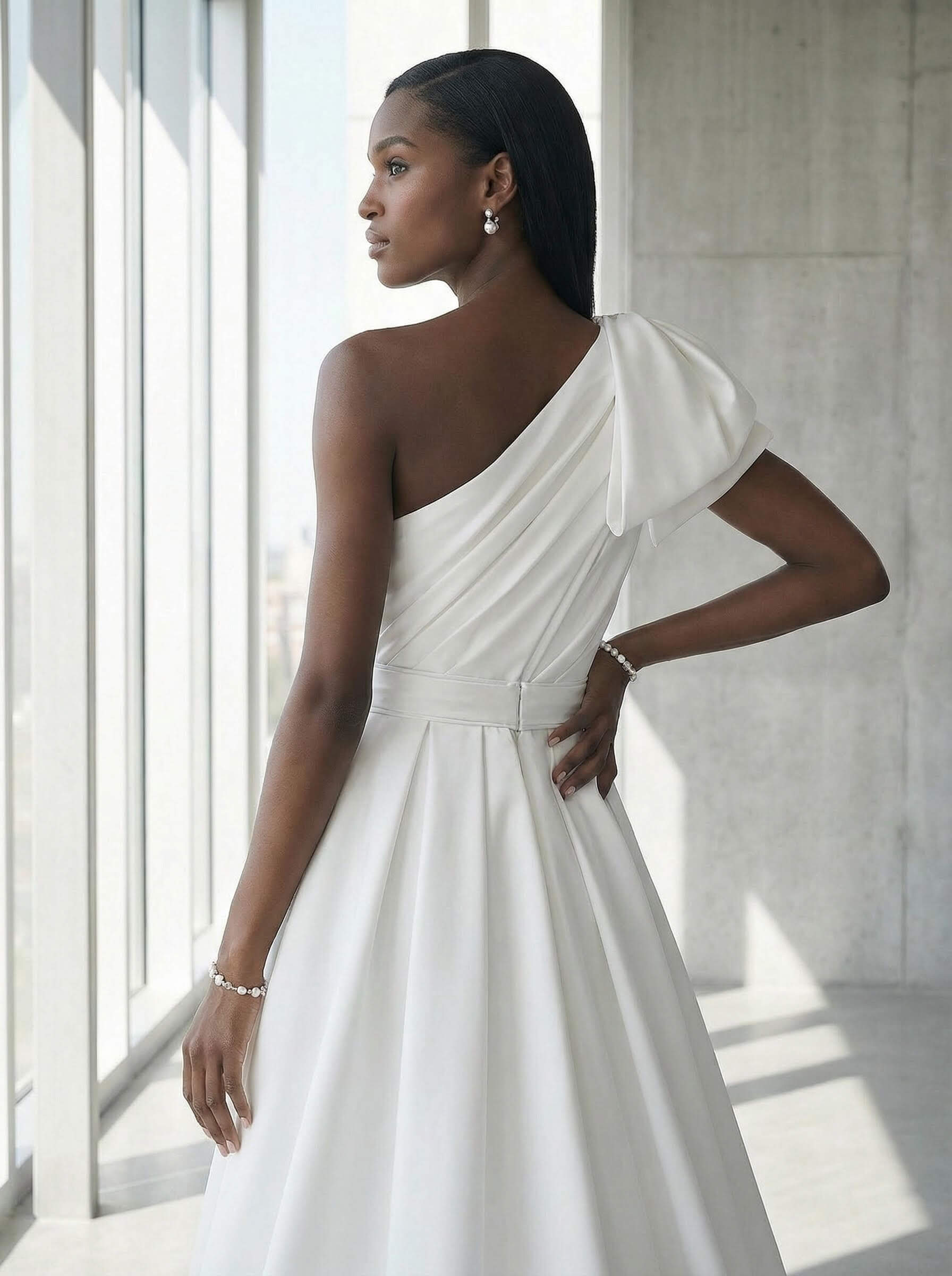 A-Line One-Shoulder Sleeveless Satin Cathedral Train Wedding Dress