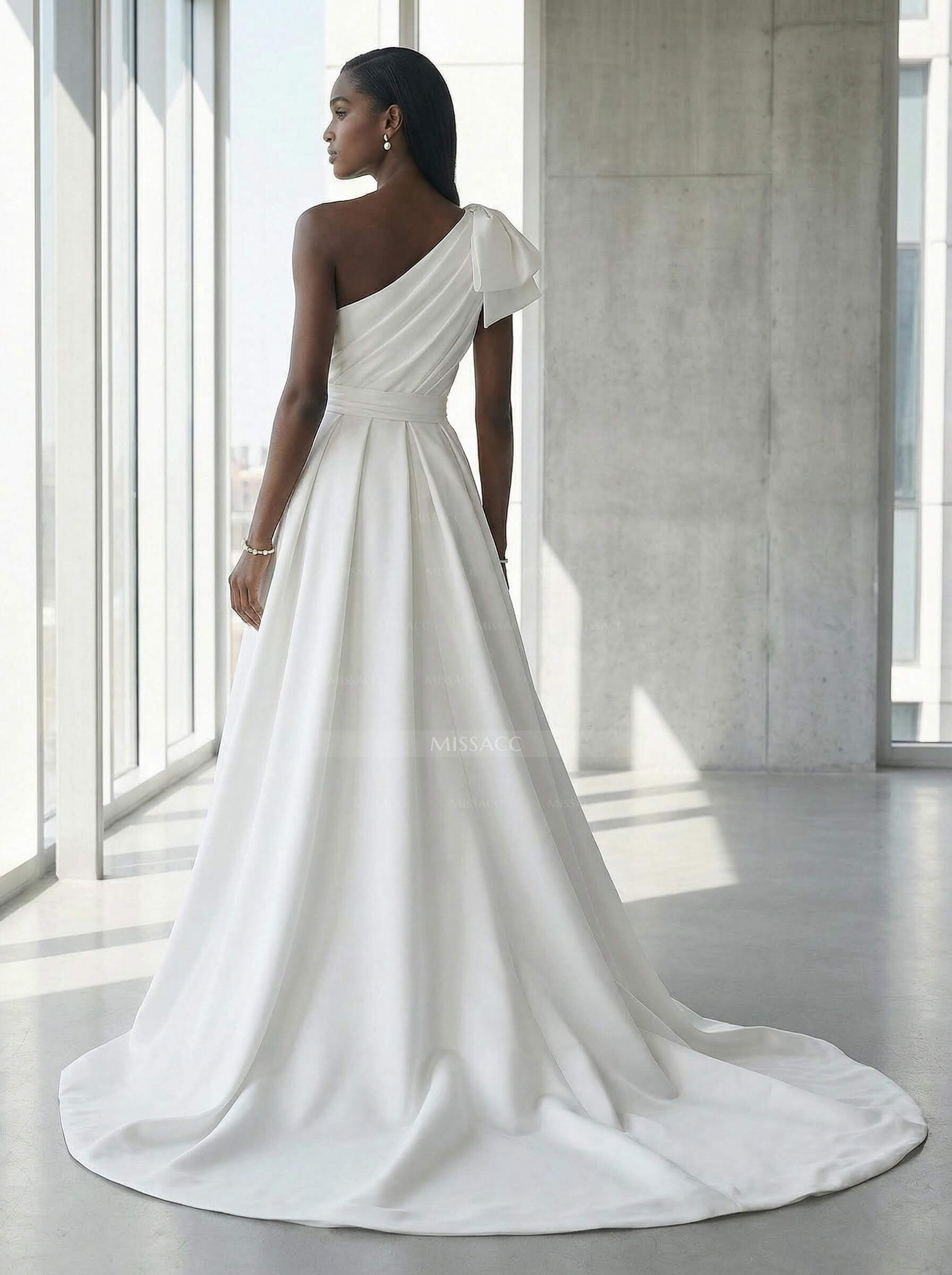 A-Line One-Shoulder Sleeveless Satin Cathedral Train Wedding Dress