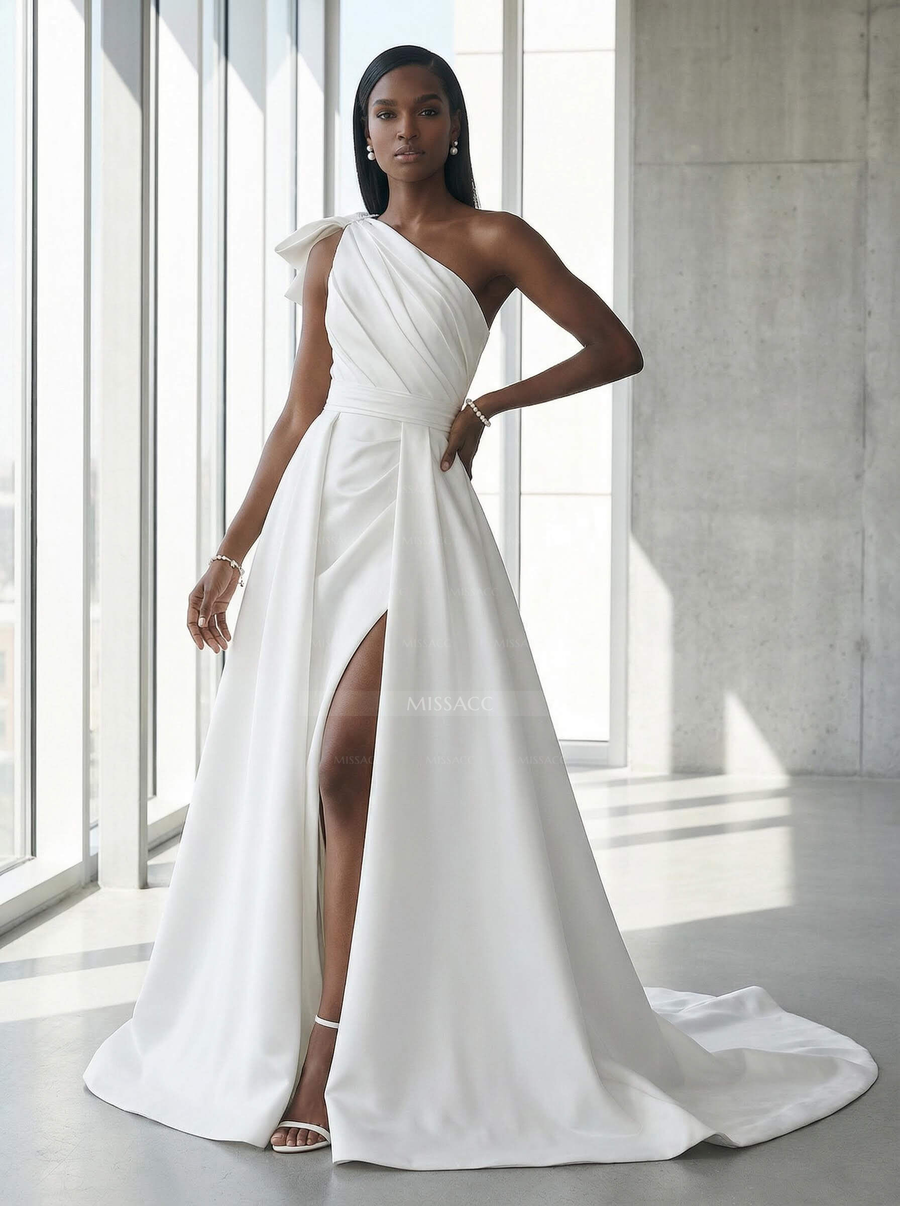 A-Line One-Shoulder Sleeveless Satin Cathedral Train Wedding Dress