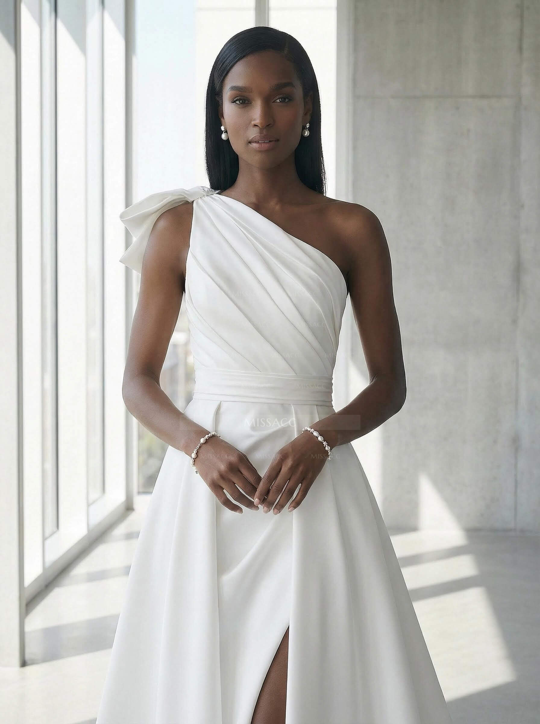 A-Line One-Shoulder Sleeveless Satin Cathedral Train Wedding Dress