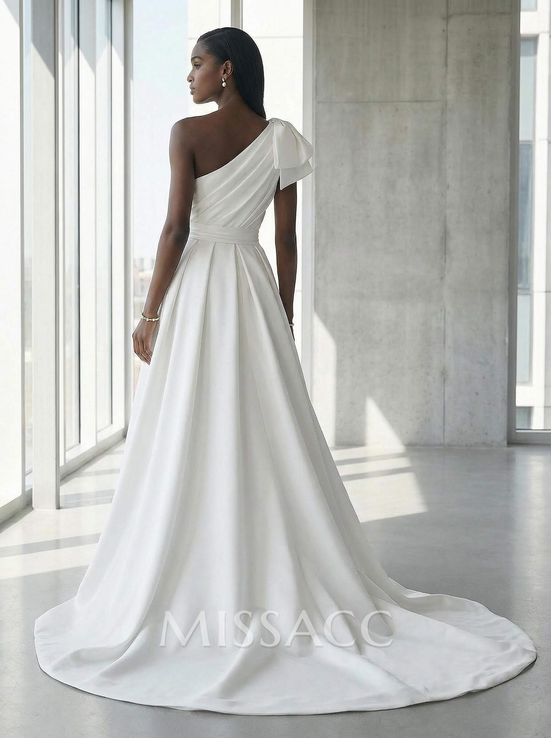 A-Line One-Shoulder Sleeveless Satin Cathedral Train Wedding Dress A-Line One-Shoulder Sleeveless Satin Cathedral Train Wedding Dress