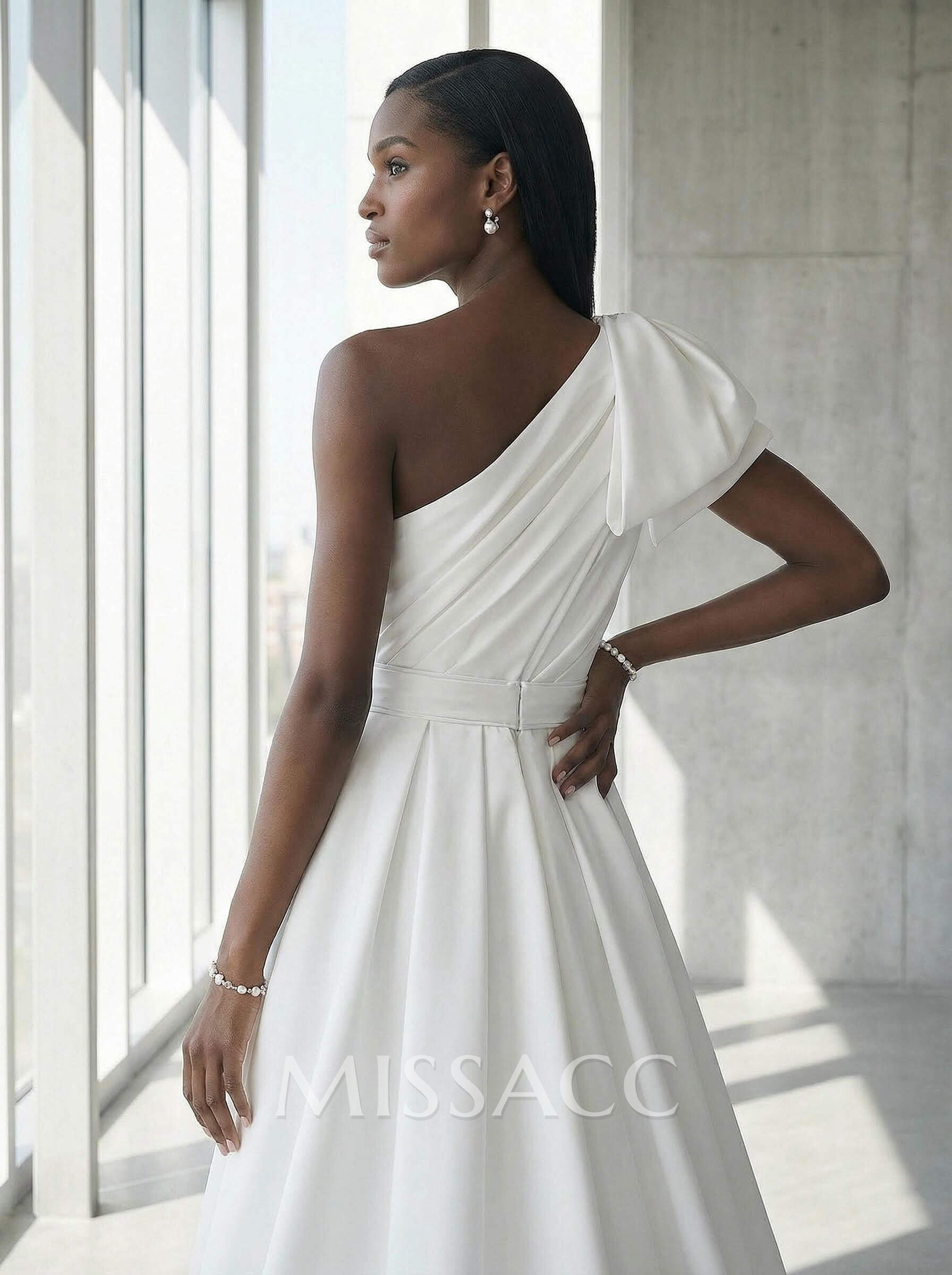 A-Line One-Shoulder Sleeveless Satin Cathedral Train Wedding Dress A-Line One-Shoulder Sleeveless Satin Cathedral Train Wedding Dress