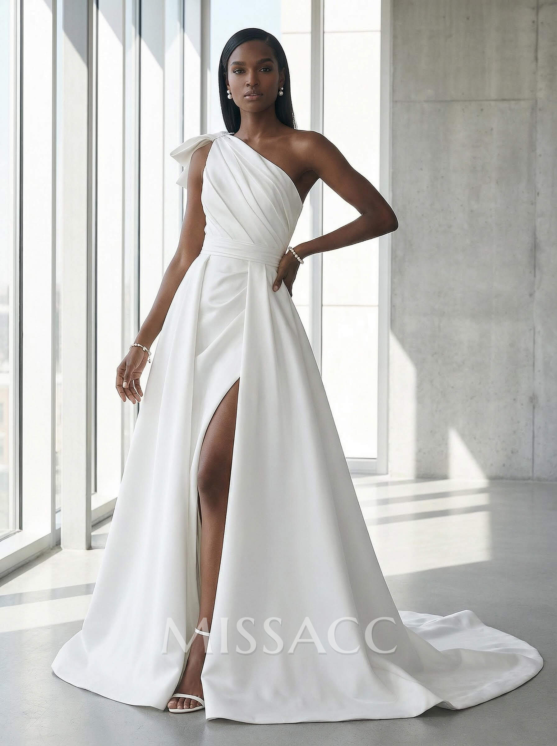 A-Line One-Shoulder Sleeveless Satin Cathedral Train Wedding Dress A-Line One-Shoulder Sleeveless Satin Cathedral Train Wedding Dress