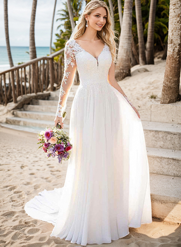 A-Line V-Neck Long Sleeves Chiffon Court Train Wedding Dress With Lace