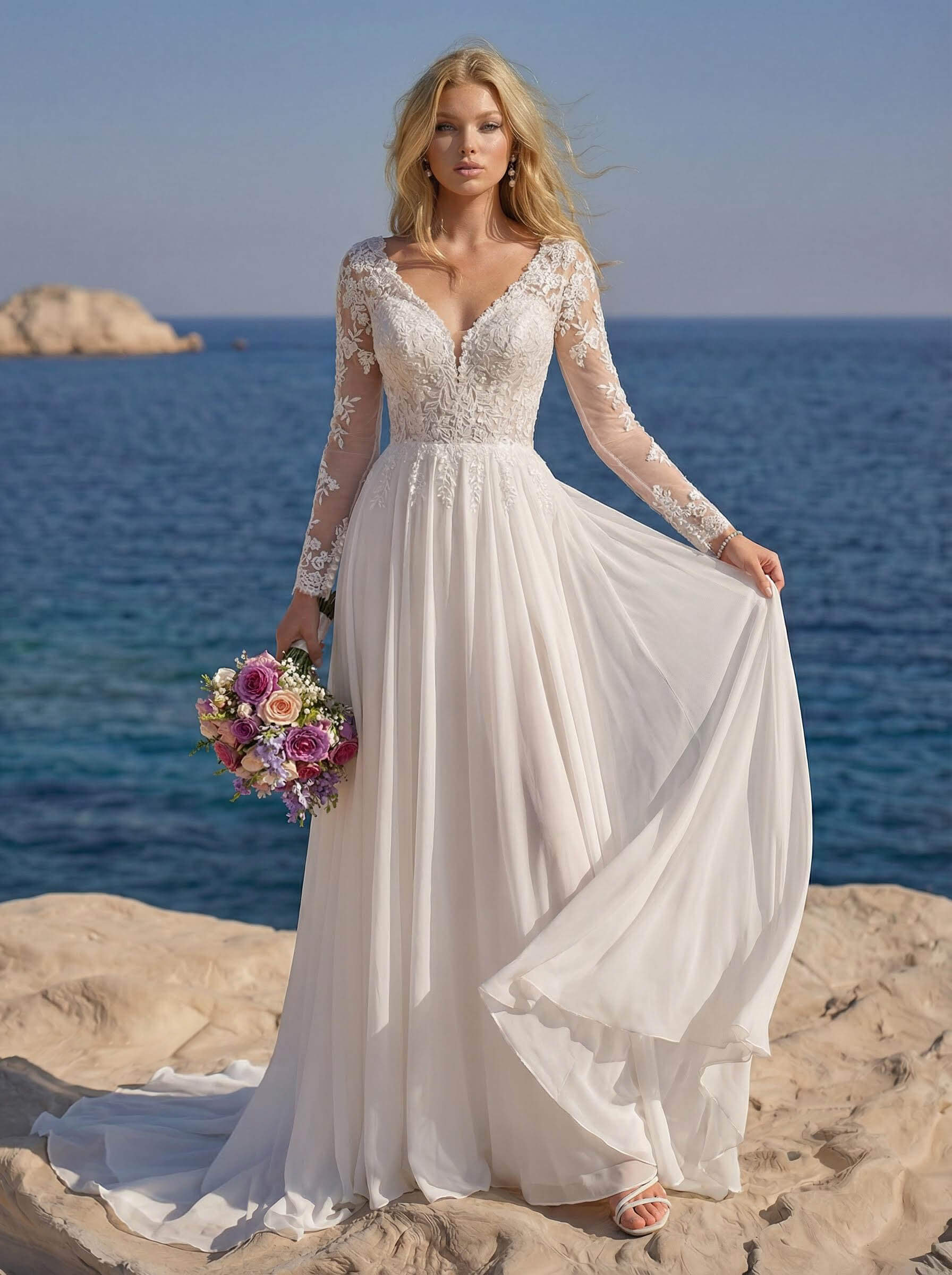 A-Line V-Neck Long Sleeves Chiffon Court Train Wedding Dress With Lace