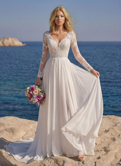 A-Line V-Neck Long Sleeves Chiffon Court Train Wedding Dress With Lace