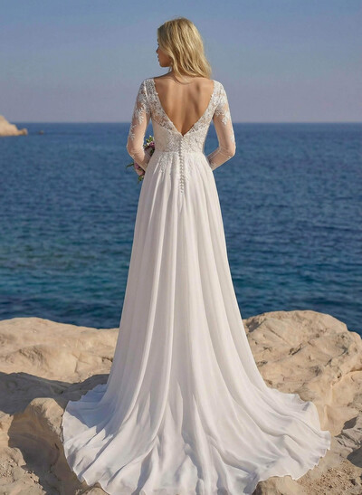 A-Line V-Neck Long Sleeves Chiffon Court Train Wedding Dress With Lace