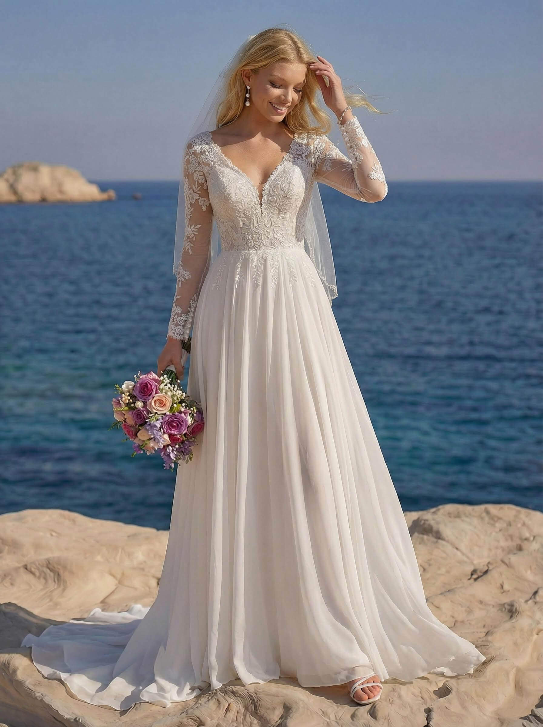 A-Line V-Neck Long Sleeves Chiffon Court Train Wedding Dress With Lace