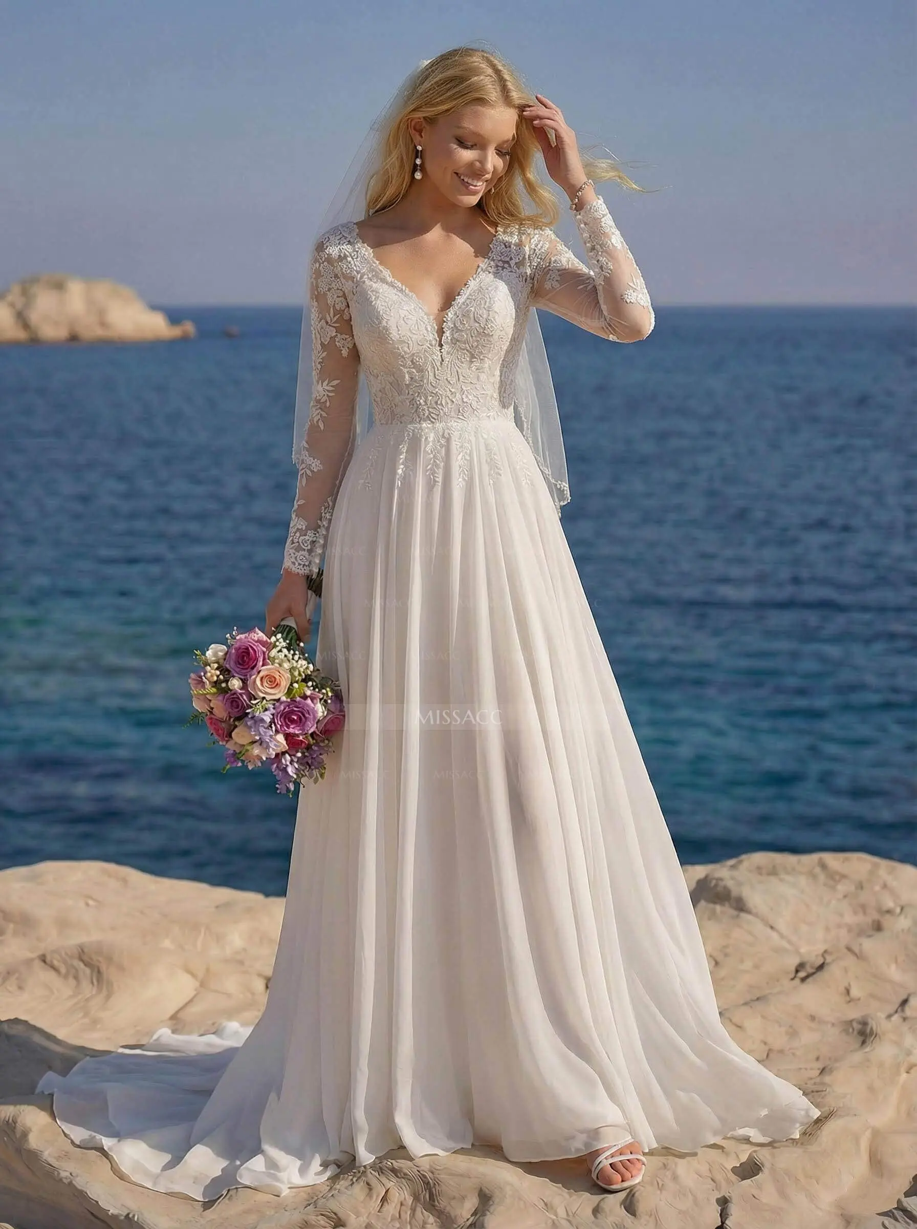 blue dress for baby girl BABARONI Chiffon and Lace A-Line Wedding Dress with Buttons White, White / US0 main image 1