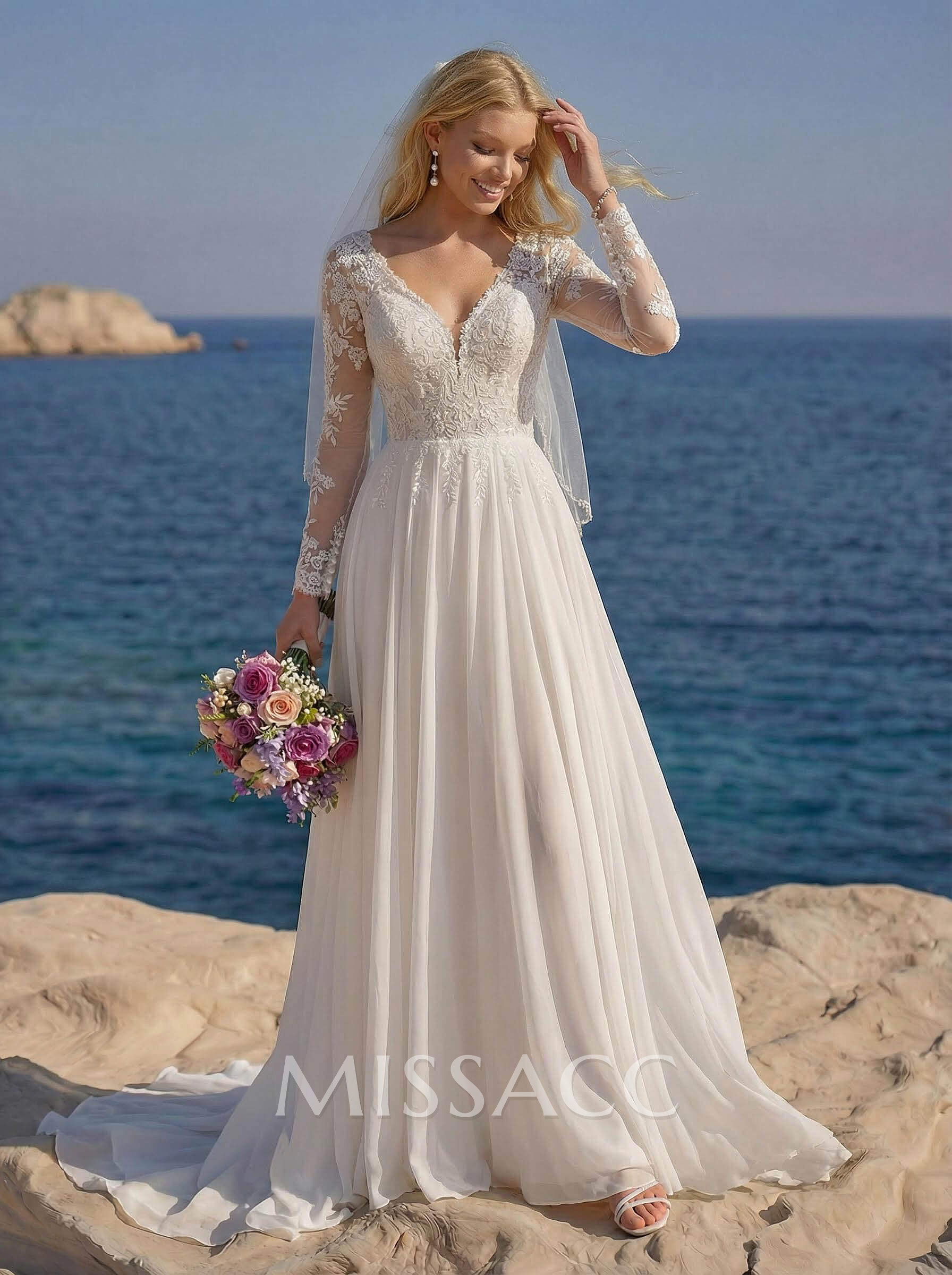 A-Line V-Neck Long Sleeves Chiffon Court Train Wedding Dress With Lace A-Line V-Neck Long Sleeves Chiffon Court Train Wedding Dress With Lace