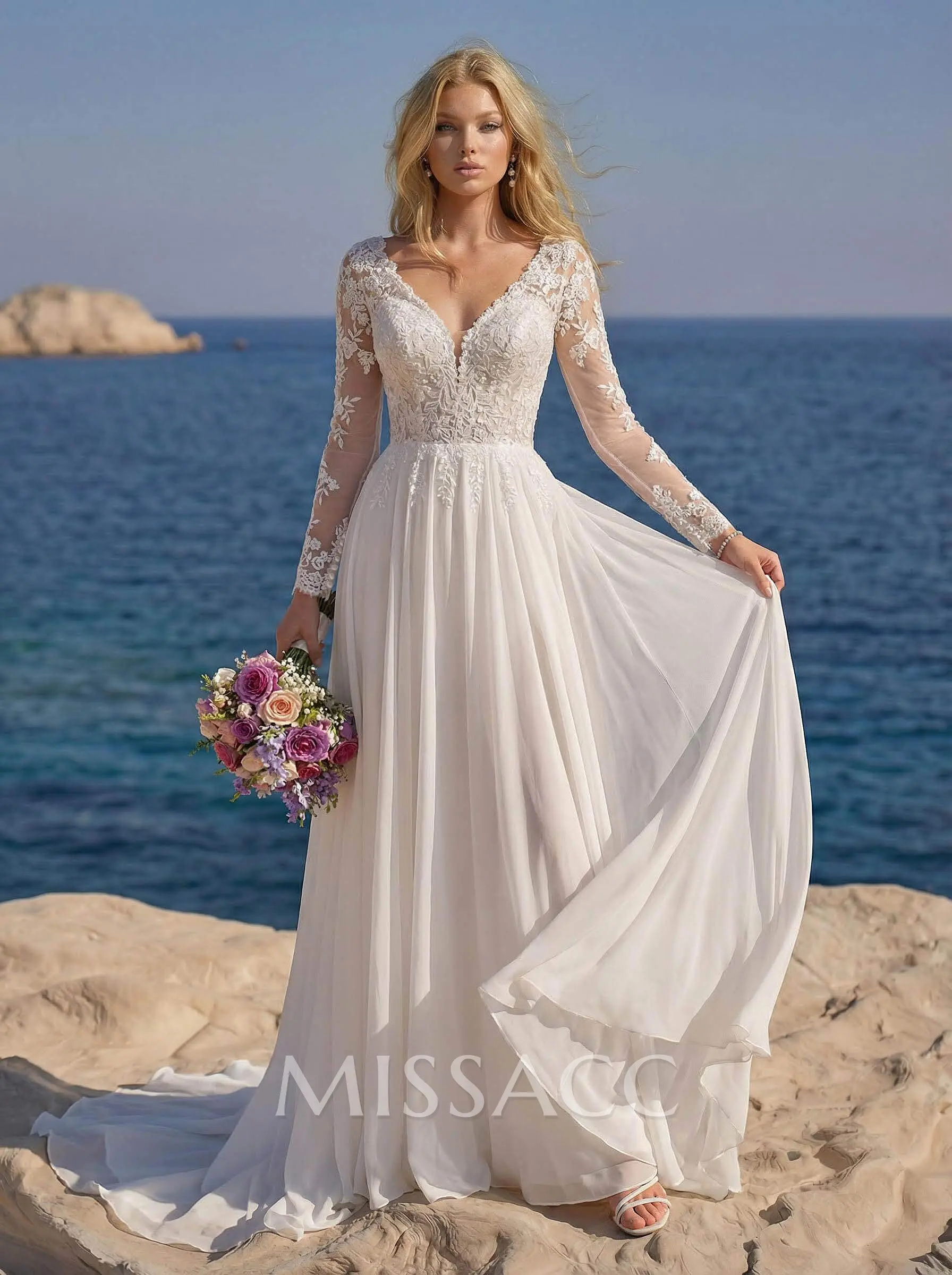 chiffon wedding dress with sleeves Modest A-Line Long Sleeve Floor Length Train Simple Casual Chiffon Bateau V-Back Wedding Dress, Diamond White / 14