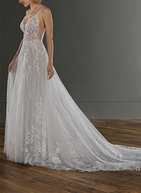 A-Line V-Neck Sleeveless Tulle Chapel Train Wedding Dress With Appliques Lace