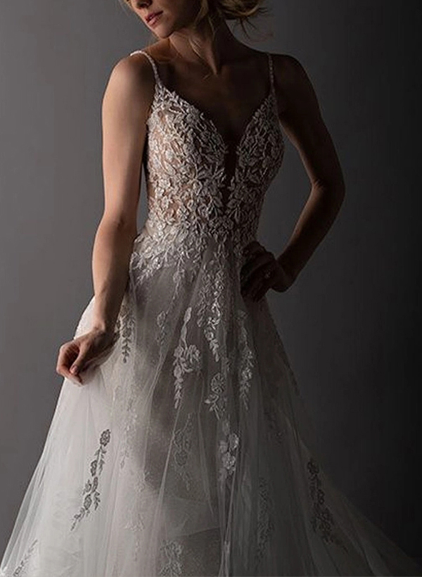 A-Line V-Neck Sleeveless Tulle Chapel Train Wedding Dress With Appliques Lace