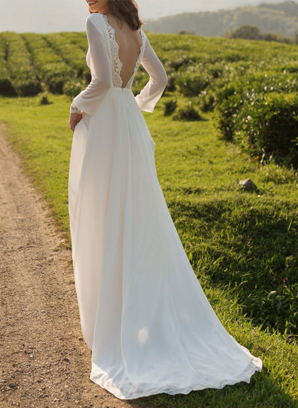 A-Line Scoop Neck Long Sleeves Satin Court Train Wedding Dress With Lace