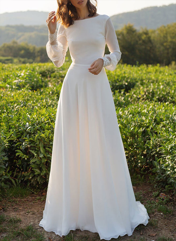 A-Line Scoop Neck Long Sleeves Satin Court Train Wedding Dress With Lace