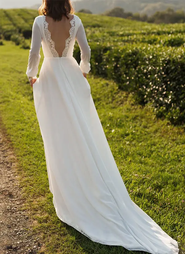 Wedding Plunging Neck Roycebridal Chiffon V-Neck A-Line Lace Wedding Dress  With Long Sleeves Women
