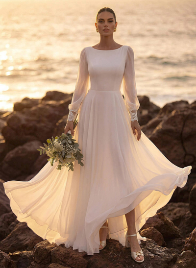 A-Line Scoop Neck Long Sleeves Chiffon Court Train Wedding Dress With Lace