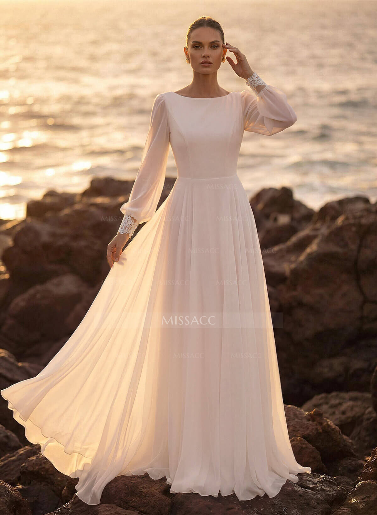 A-Line Scoop Neck Long Sleeves Chiffon Court Train Wedding Dress With Lace