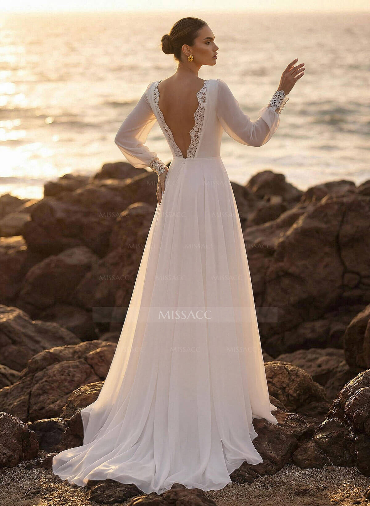 A-Line Scoop Neck Long Sleeves Chiffon Court Train Wedding Dress With Lace