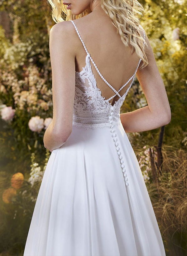 A-Line V-Neck Sleeveless Spaghetti Straps Chiffon Court Train Wedding Dress With Lace