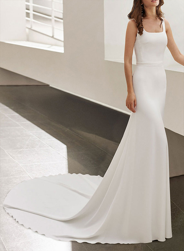 A-Line Square Neckline Sleeveless Elastic Satin Chapel Train Wedding Dress