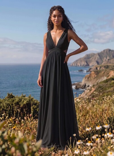 A-Line V-Neck Sleeveless Floor-Length Chiffon Bridesmaid Dresses